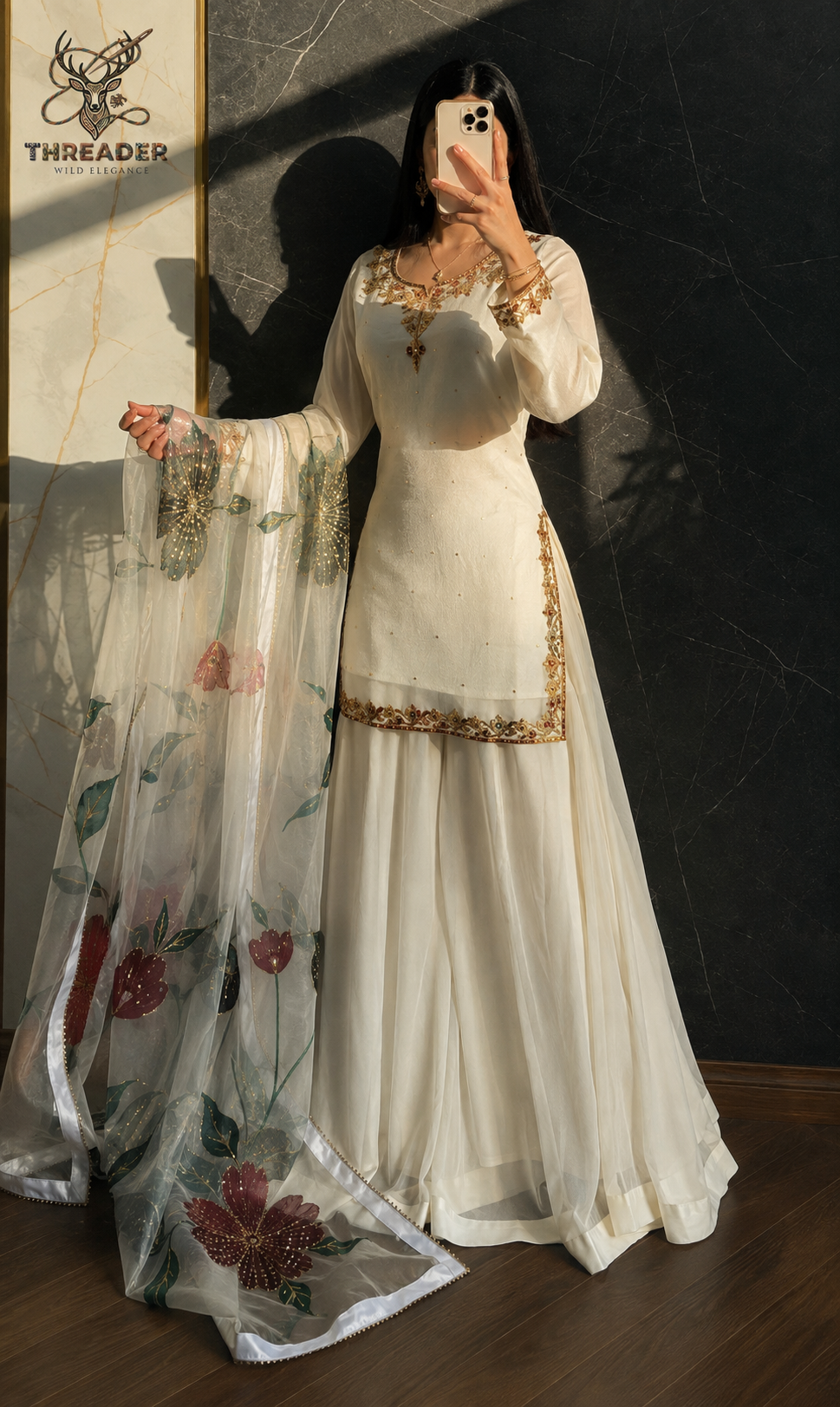 Trending Fox Georgette Embroidered Top, Sharara & Digital Print Organza Dupatta Set