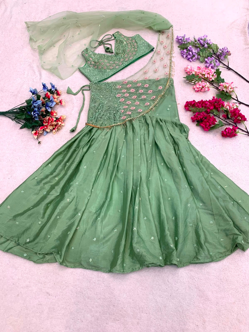 Green cut sleeve lehnga