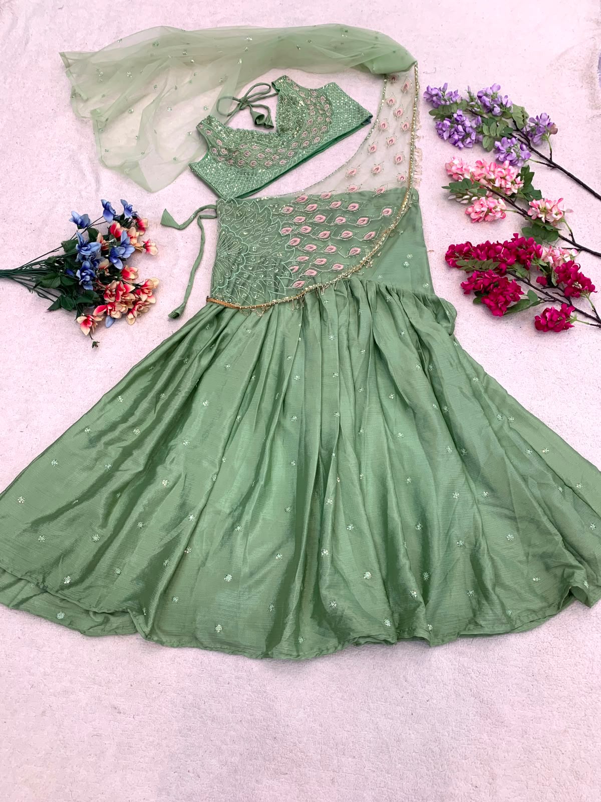 Green cut sleeve lehnga
