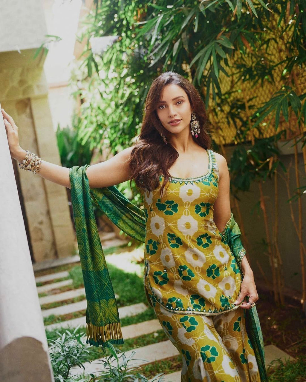 Pure Chinon Silk Digital Print & Sequence Embroidered Top, Palazzo & Dupatta Set