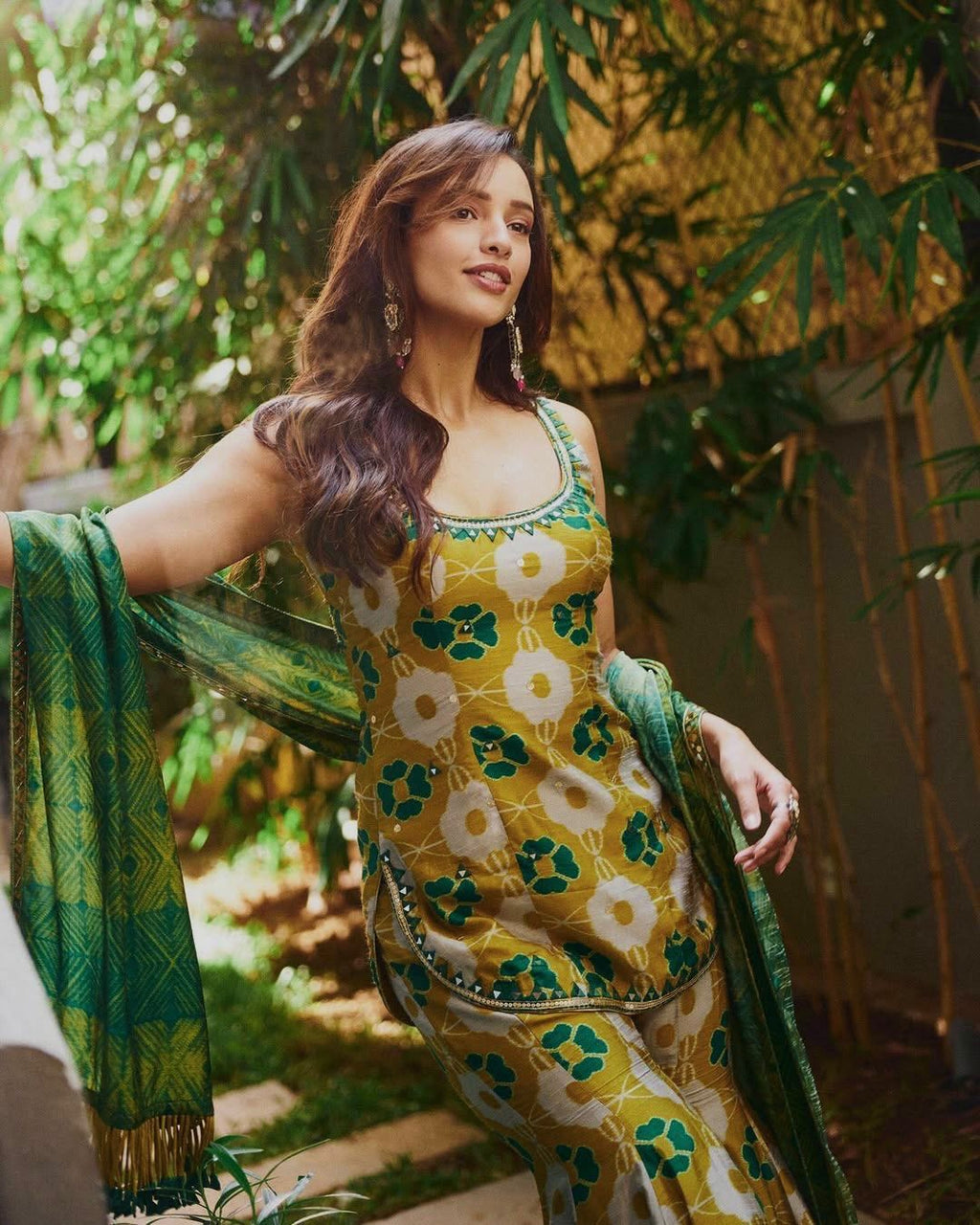 Pure Chinon Silk Digital Print & Sequence Embroidered Top, Palazzo & Dupatta Set