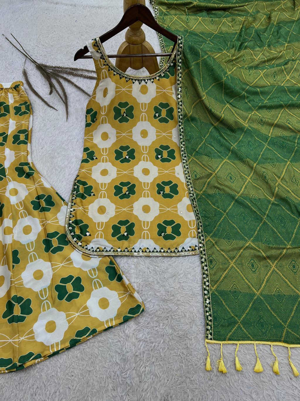 Pure Chinon Silk Digital Print & Sequence Embroidered Top, Palazzo & Dupatta Set