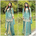 Premium French Silk Embroidered Palazzo Set with Mirror-Work Dupatta