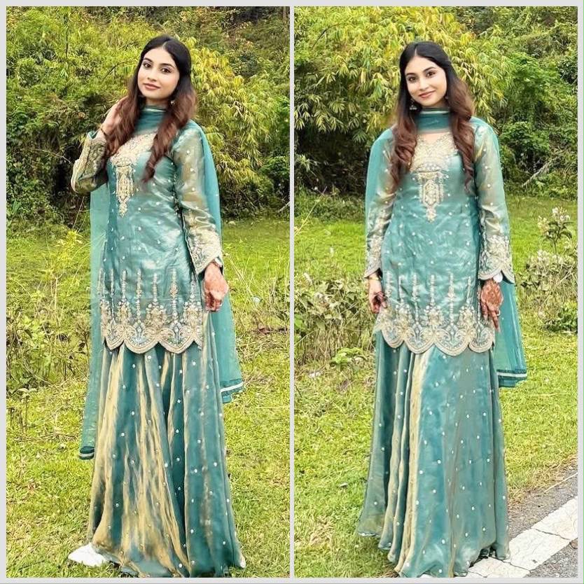 Premium French Silk Embroidered Palazzo Set with Mirror-Work Dupatta