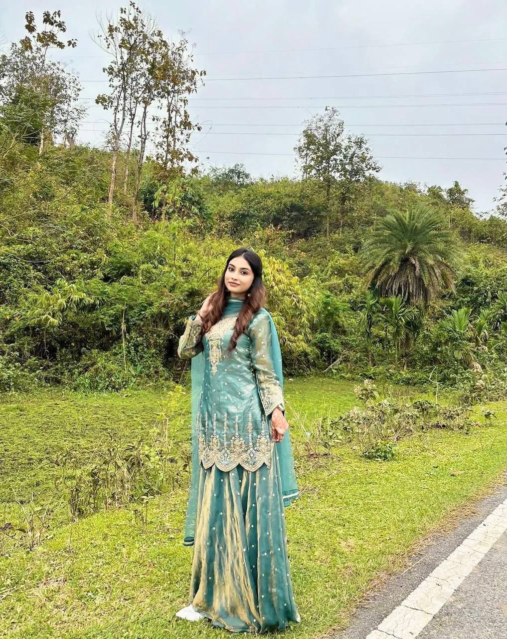 Premium French Silk Embroidered Palazzo Set with Mirror-Work Dupatta
