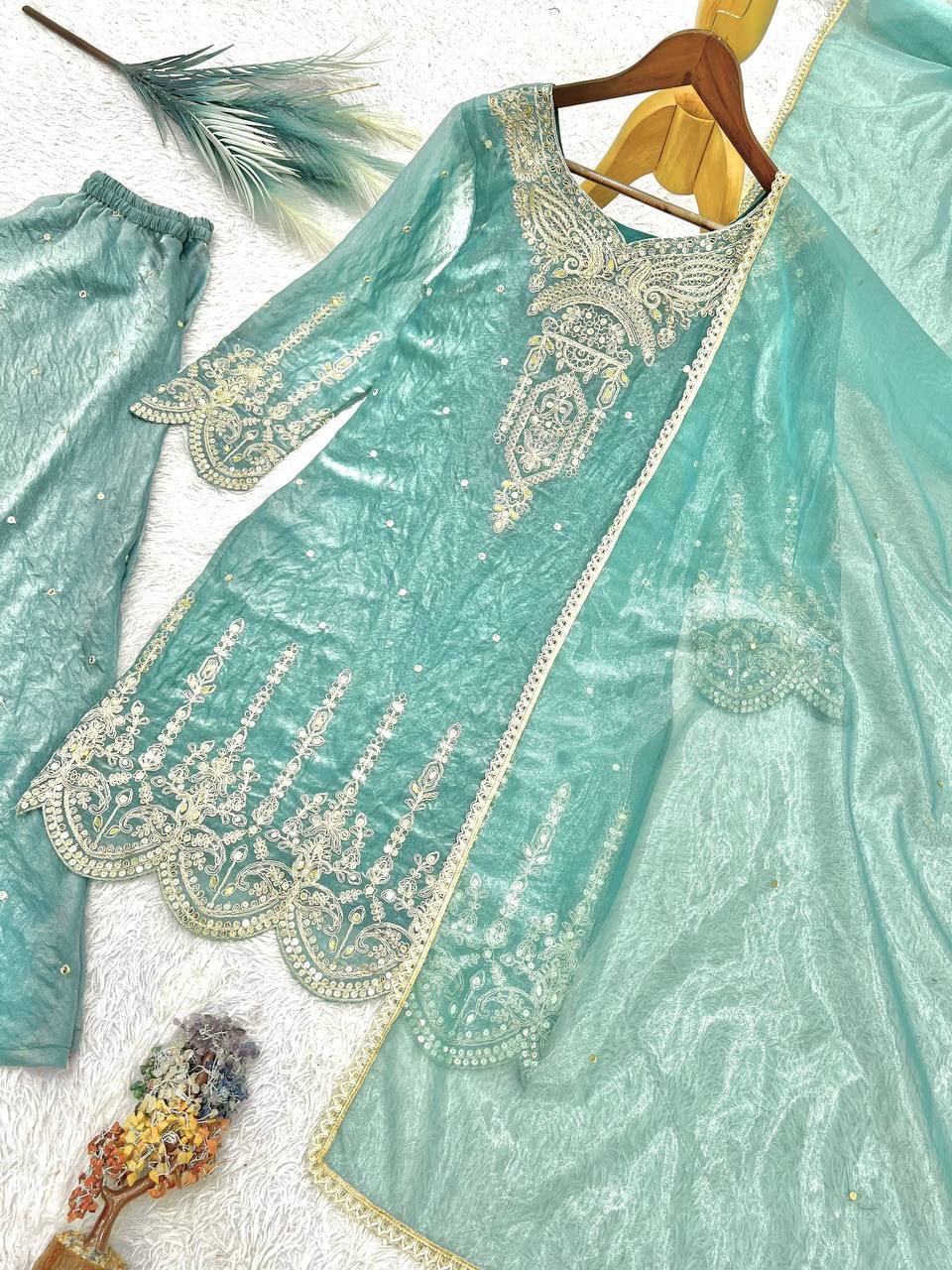 Premium French Silk Embroidered Palazzo Set with Mirror-Work Dupatta