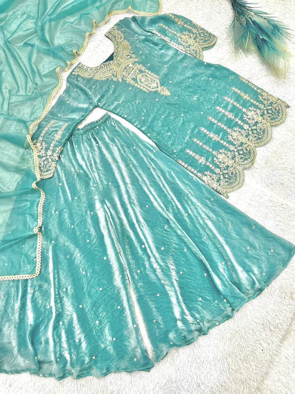 Premium French Silk Embroidered Palazzo Set with Mirror-Work Dupatta