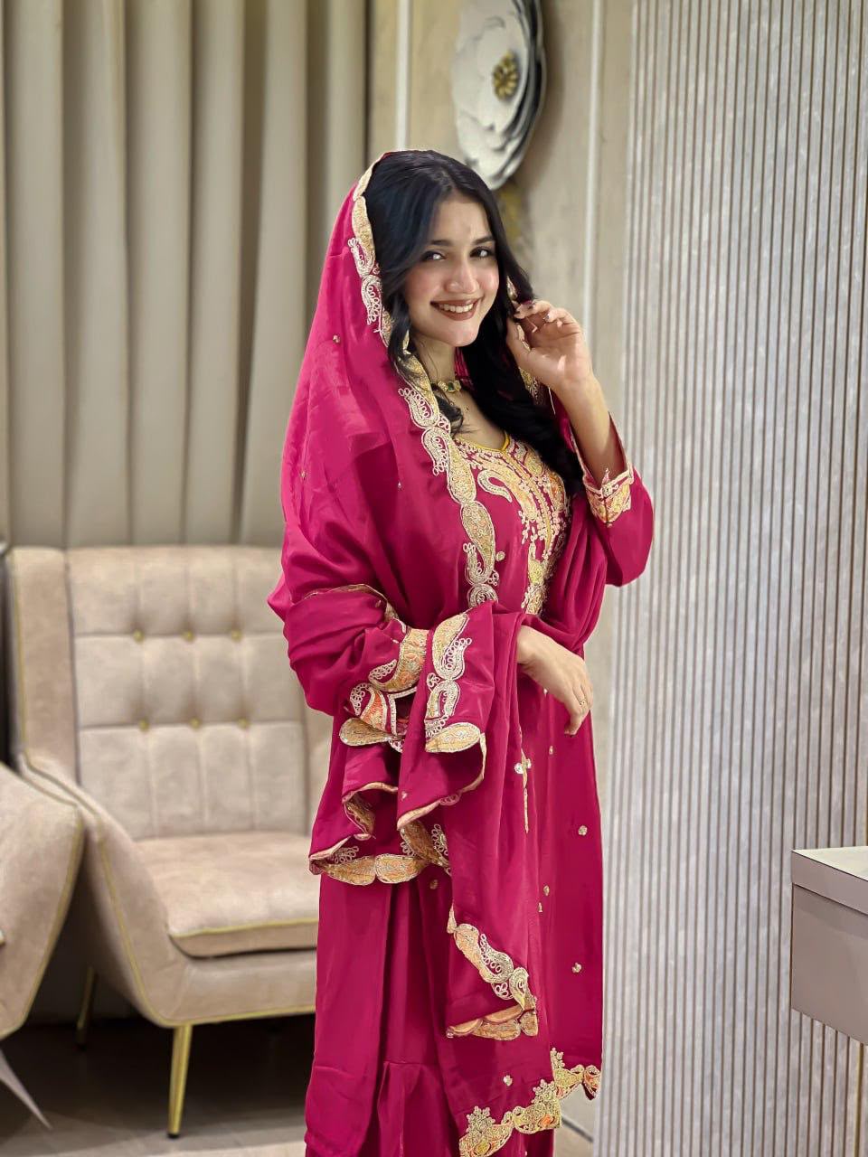 Premium Chinon Silk Heavy Embroidery Sharara Set