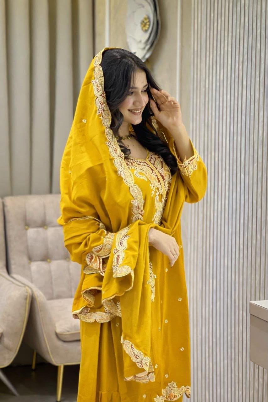 Premium Chinon Silk Heavy Embroidery Sharara Set