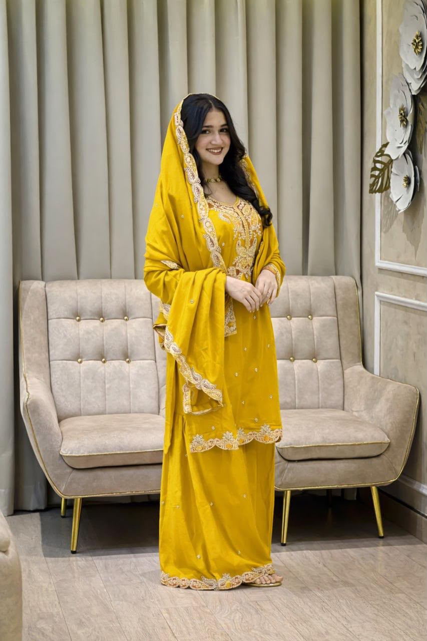 Premium Chinon Silk Heavy Embroidery Sharara Set