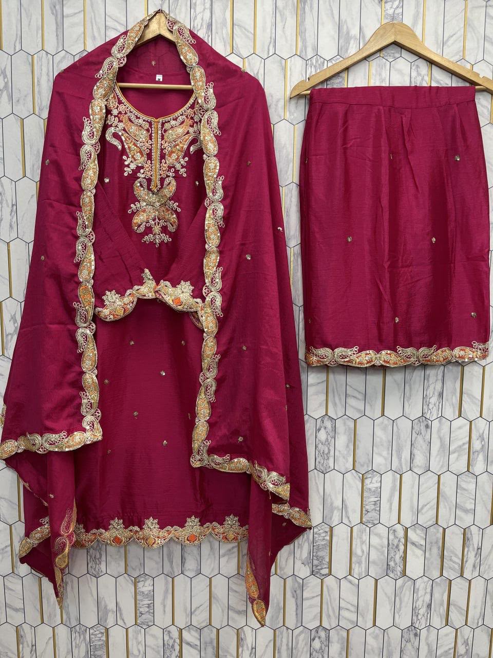 Premium Chinon Silk Heavy Embroidery Sharara Set