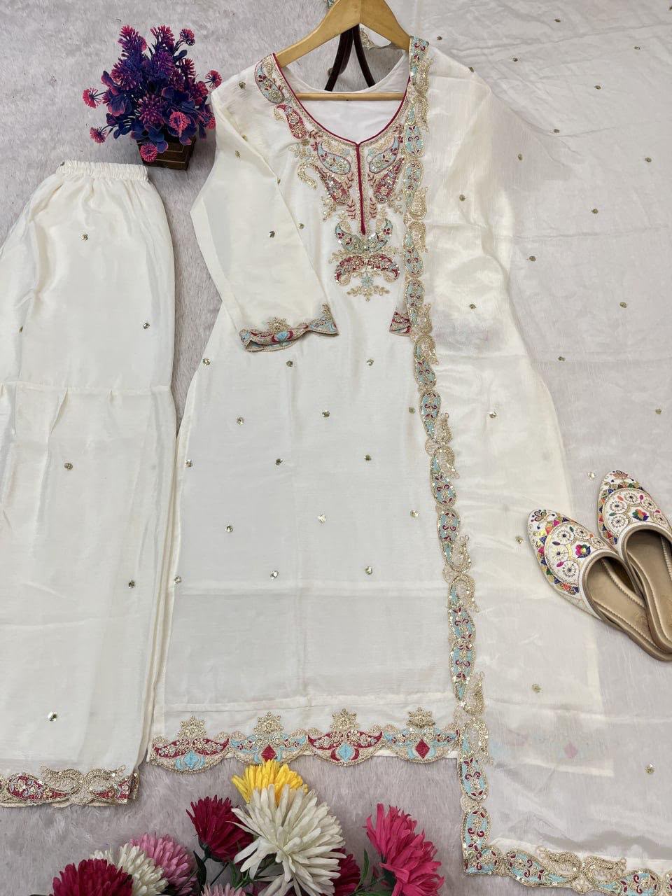 Premium Chinon Silk Heavy Embroidery Sharara Set