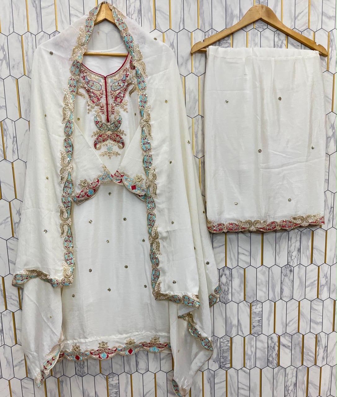 Premium Chinon Silk Heavy Embroidery Sharara Set