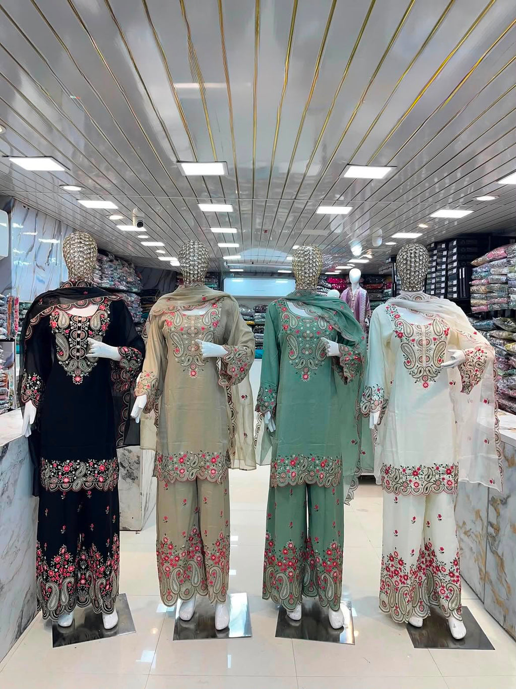 Premium Roman Silk Embroidered Top, Palazzo & Dupatta Set