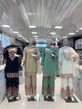 Premium Roman Silk Embroidered Top, Palazzo & Dupatta Set
