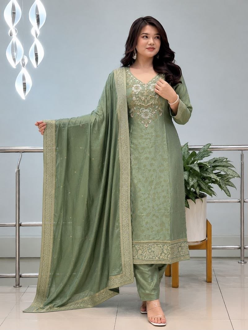 Premium Malay Glass Tissue Kanjivaram Handwork Kurta Set