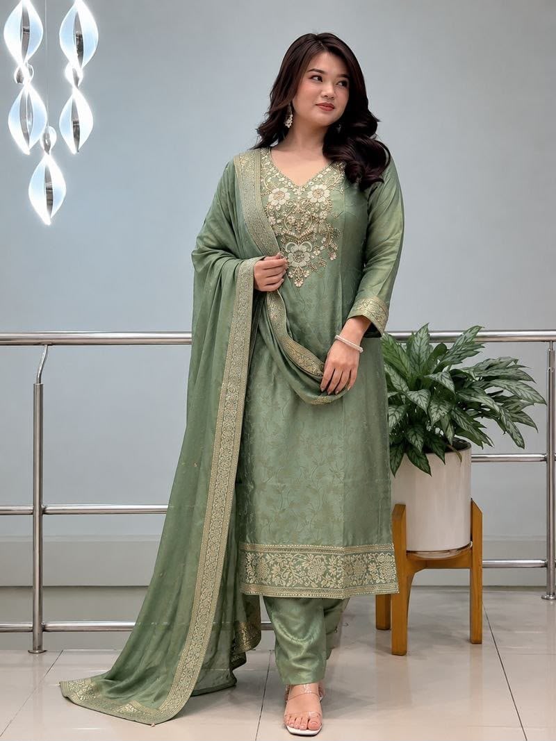 Premium Malay Glass Tissue Kanjivaram Handwork Kurta Set