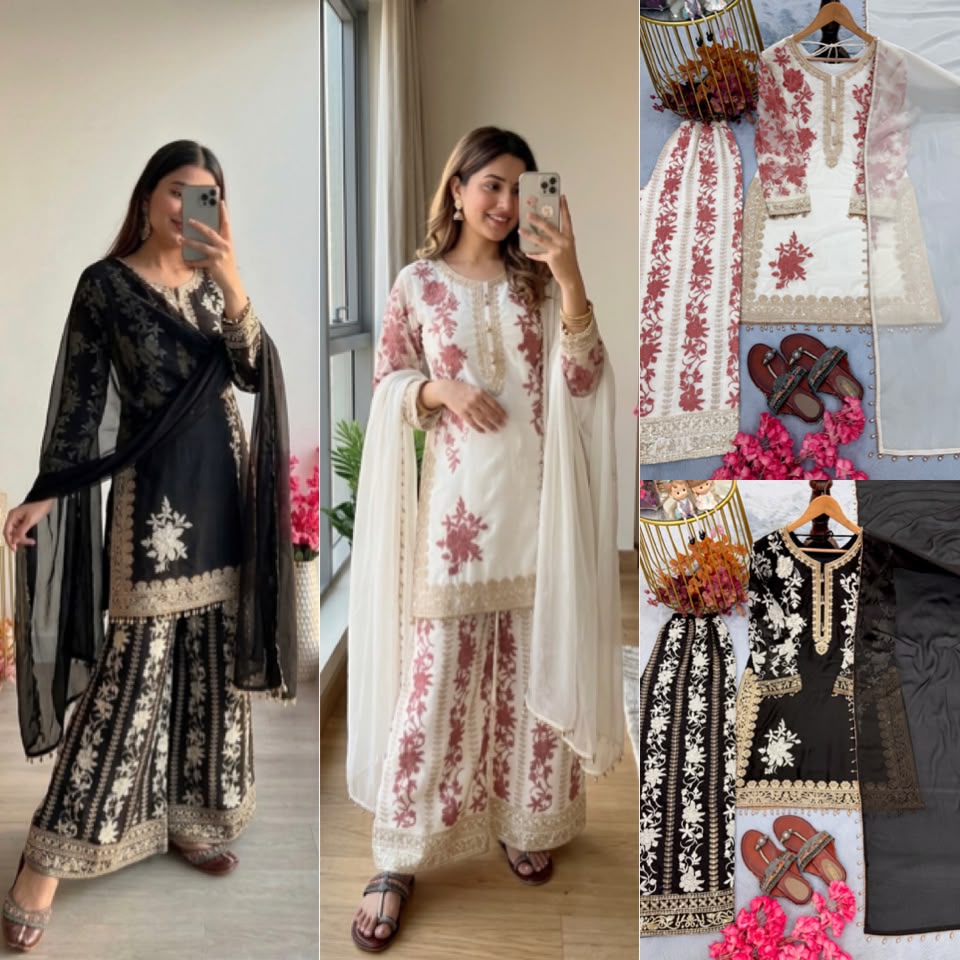 Heavy Georgette Embroidered Top, Plazzo & Dupatta Set