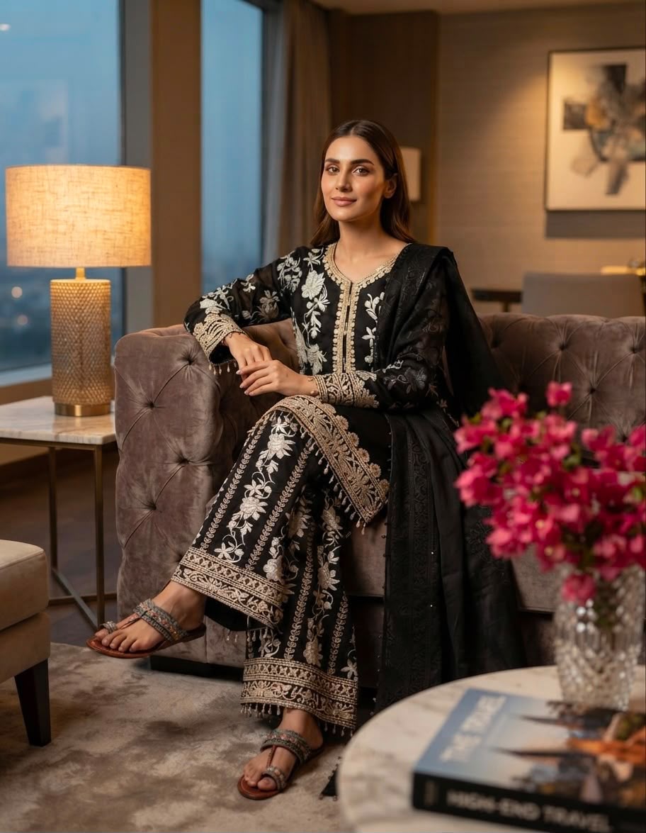 Heavy Georgette Embroidered Top, Plazzo & Dupatta Set