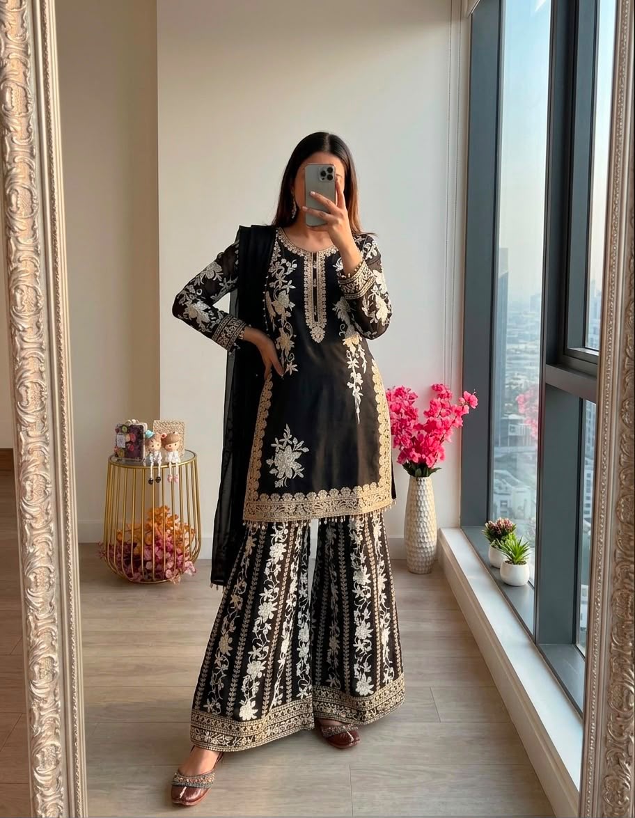 Heavy Georgette Embroidered Top, Plazzo & Dupatta Set