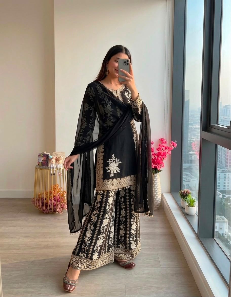 Heavy Georgette Embroidered Top, Plazzo & Dupatta Set
