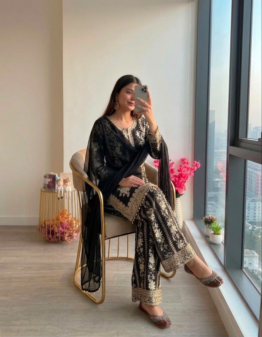 Heavy Georgette Embroidered Top, Plazzo & Dupatta Set