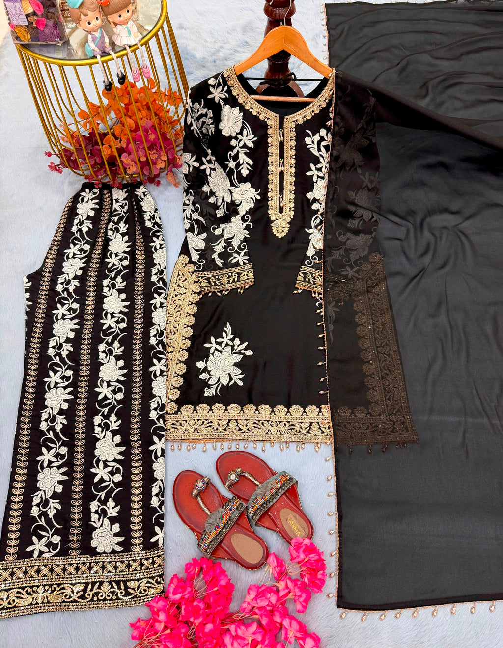 Heavy Georgette Embroidered Top, Plazzo & Dupatta Set