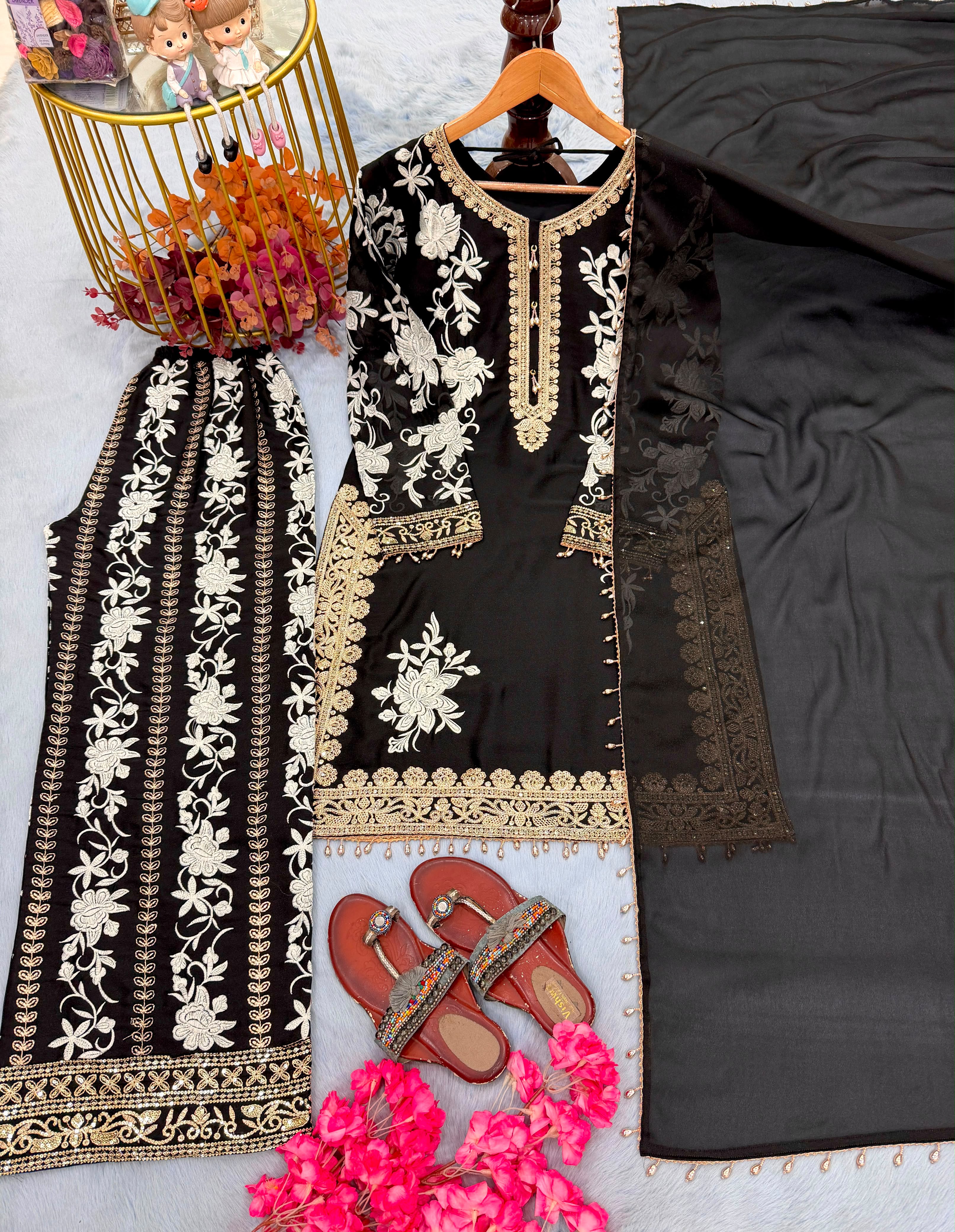 Heavy Georgette Embroidered Top, Plazzo & Dupatta Set