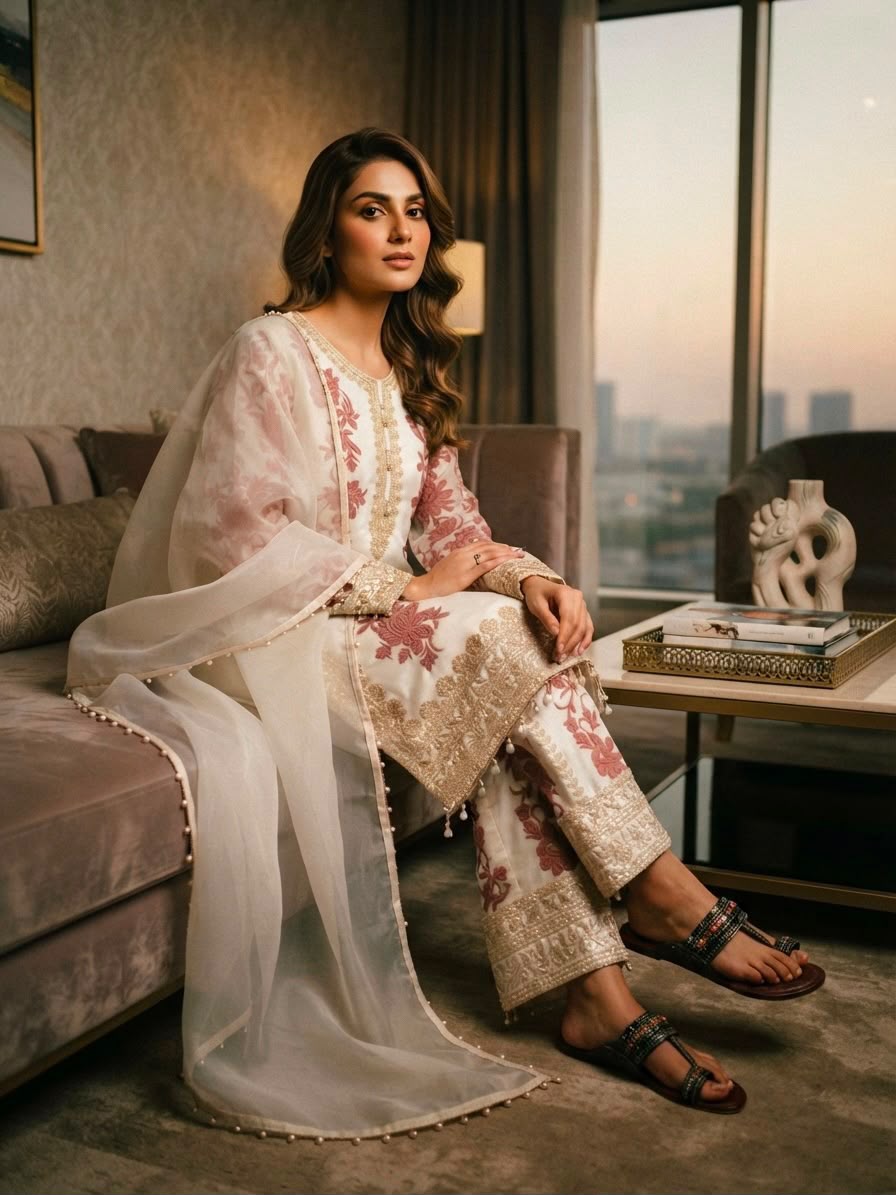 Heavy Georgette Embroidered Top, Plazzo & Dupatta Set