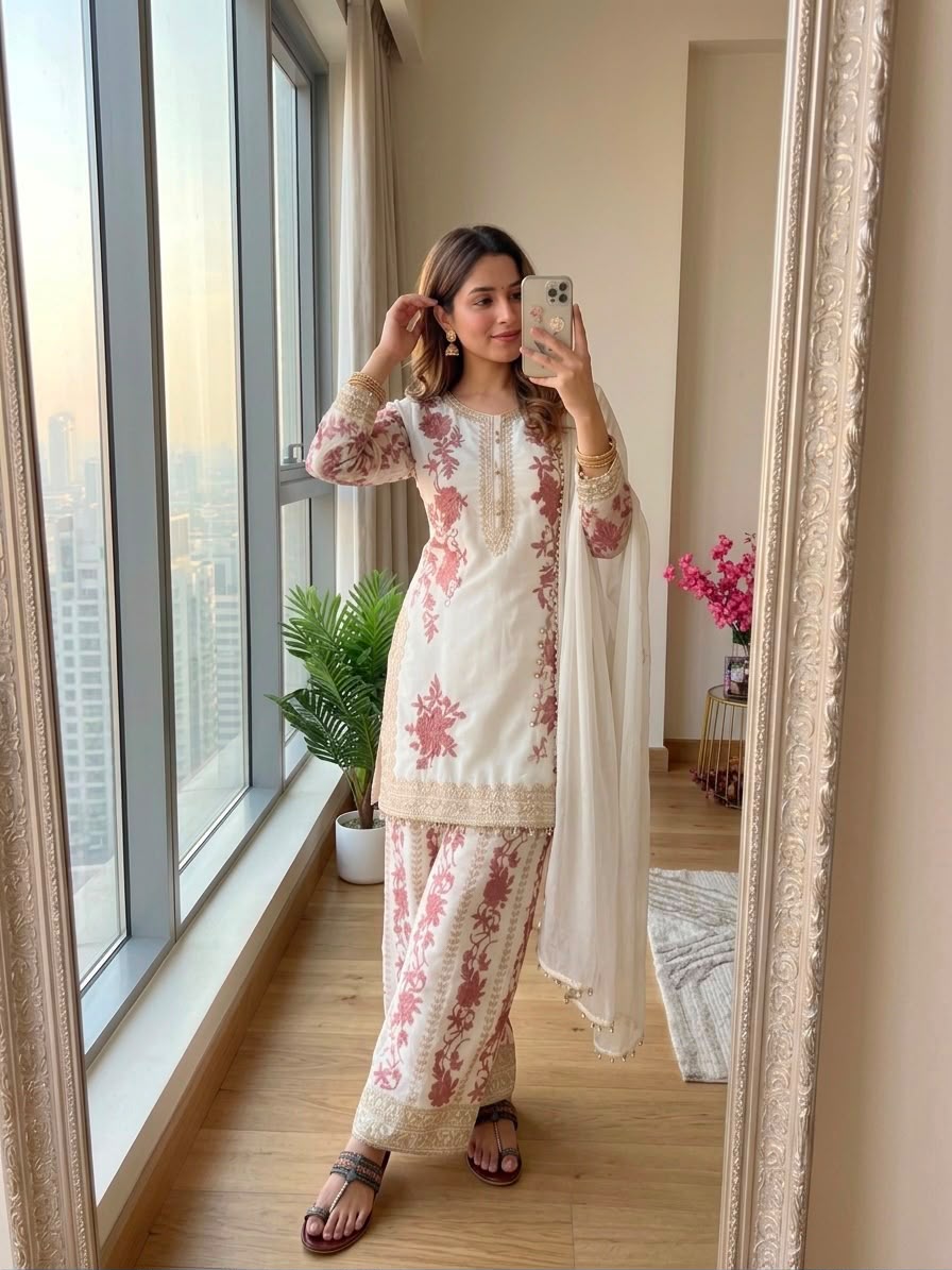 Heavy Georgette Embroidered Top, Plazzo & Dupatta Set