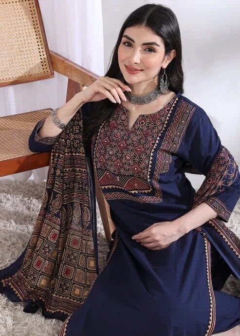 Three Colour Ajarak Kurti Set (with Dupatta)