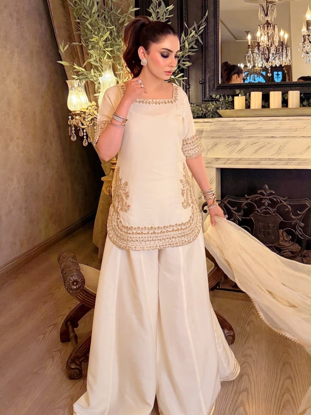 Pure Viscose Chinon Embroidered Patiala Suit Set with Organza Dupatta