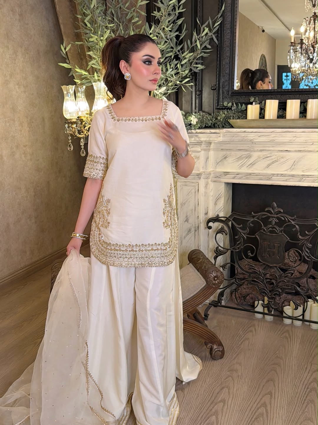 Pure Viscose Chinon Embroidered Patiala Suit Set with Organza Dupatta