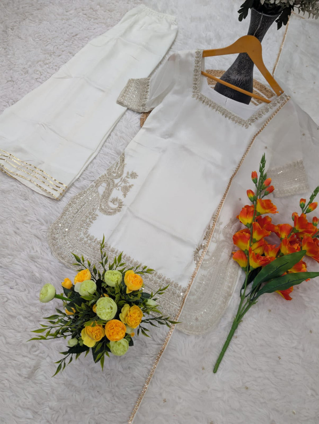 Pure Viscose Chinon Embroidered Patiala Suit Set with Organza Dupatta
