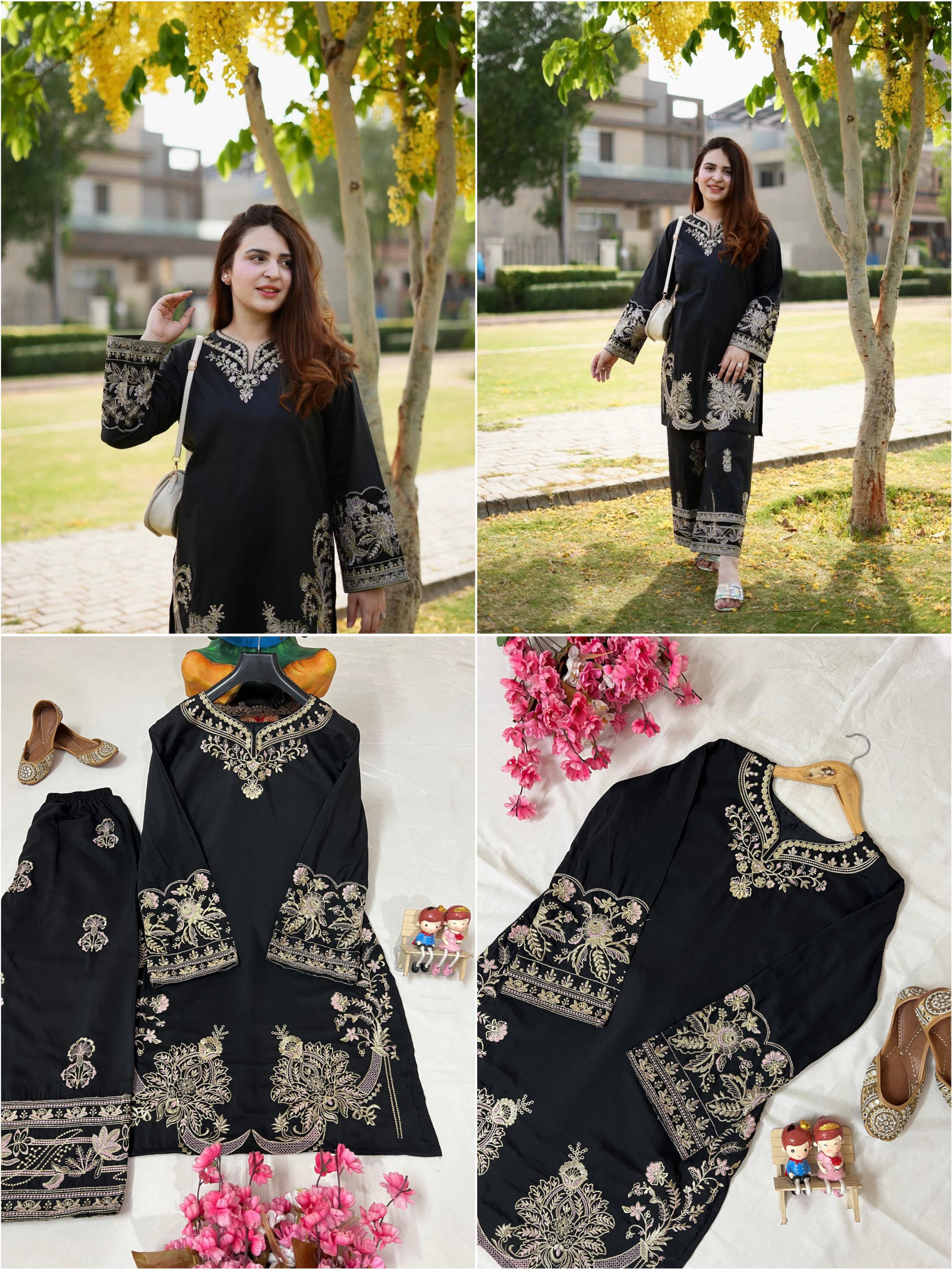 Elegant Black Embroidered Cotton Co-ord Set with Micro Inner