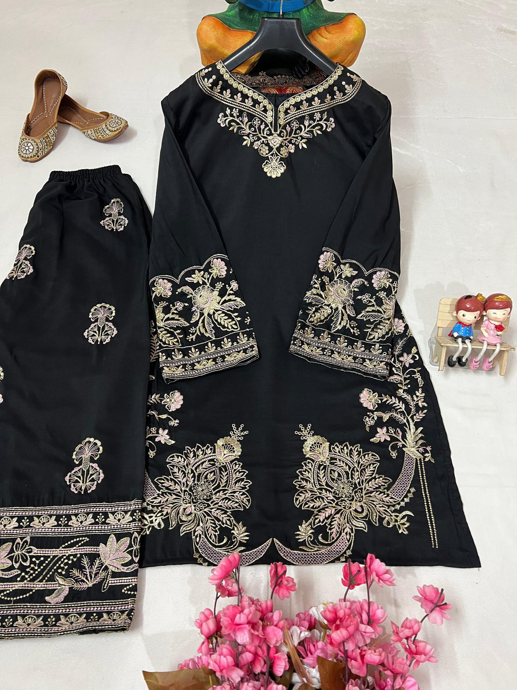 Elegant Black Embroidered Cotton Co-ord Set with Micro Inner