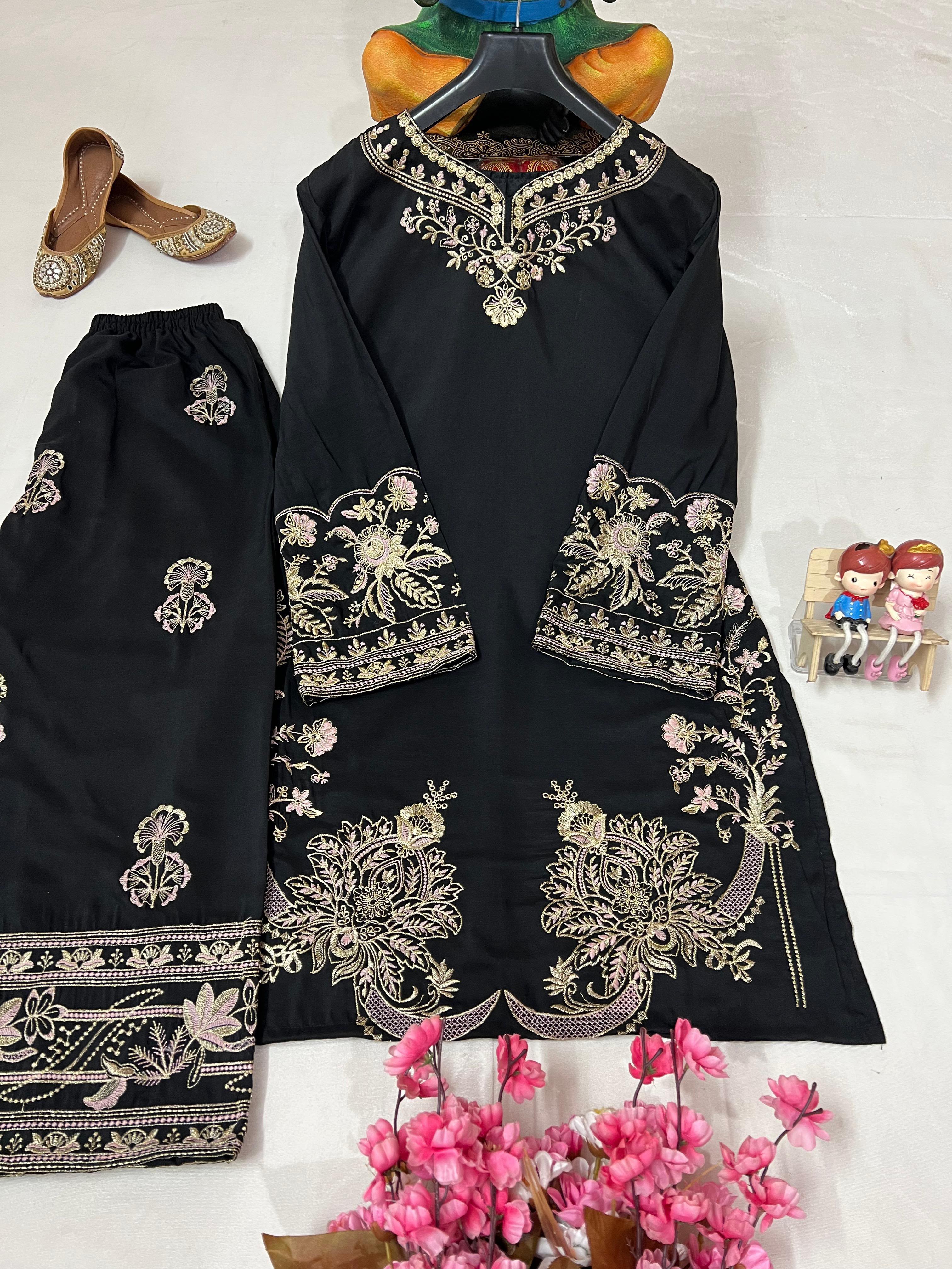 Elegant Black Embroidered Cotton Co-ord Set with Micro Inner