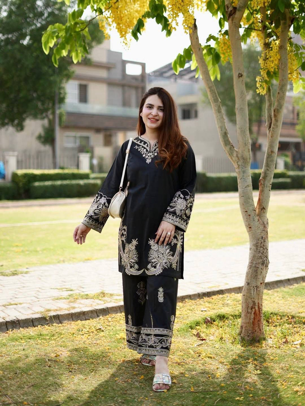 Elegant Black Embroidered Cotton Co-ord Set with Micro Inner