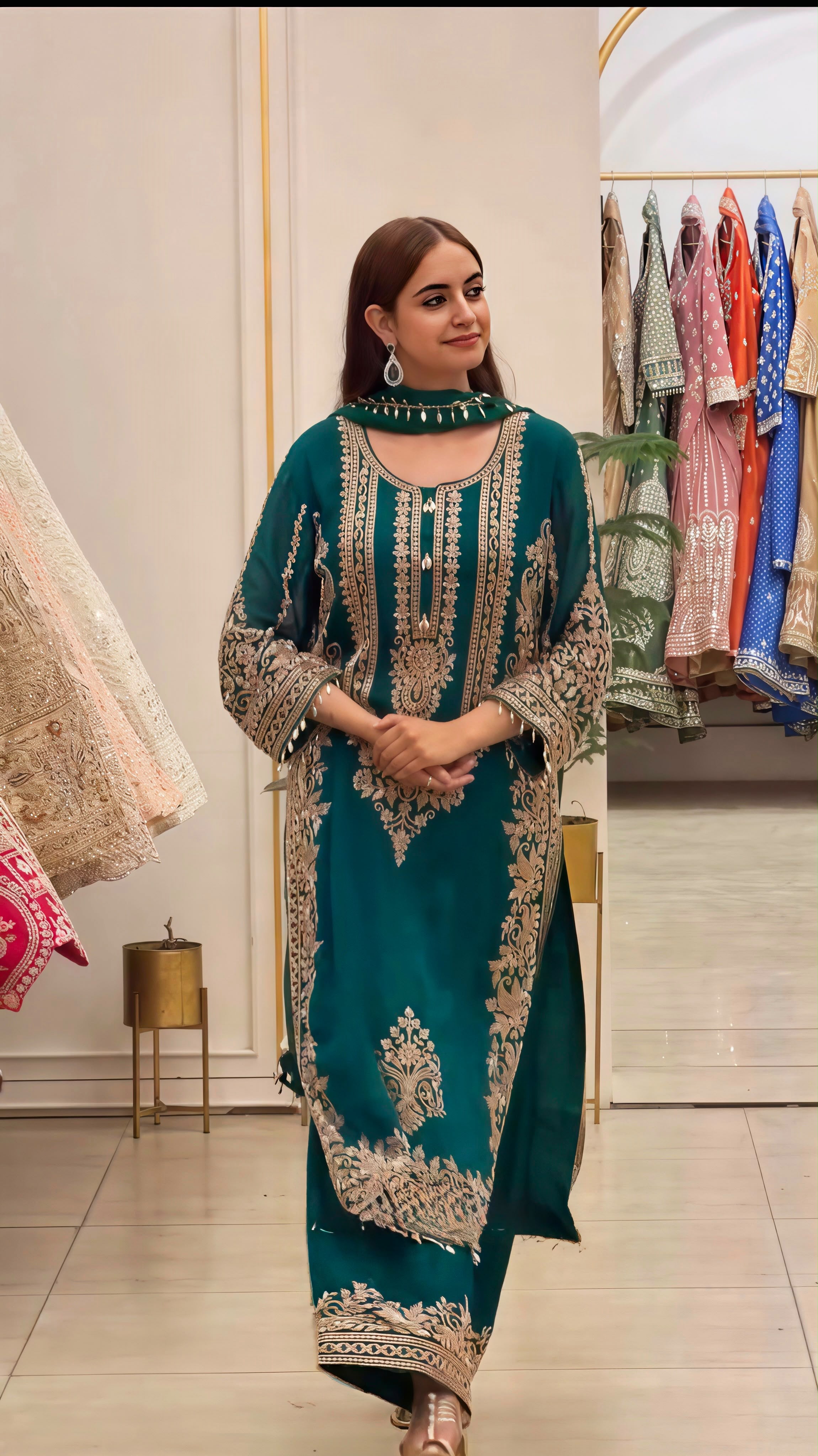 Premium Faux Georgette Heavy Embroidered Pant Set with Sequin Dupatta