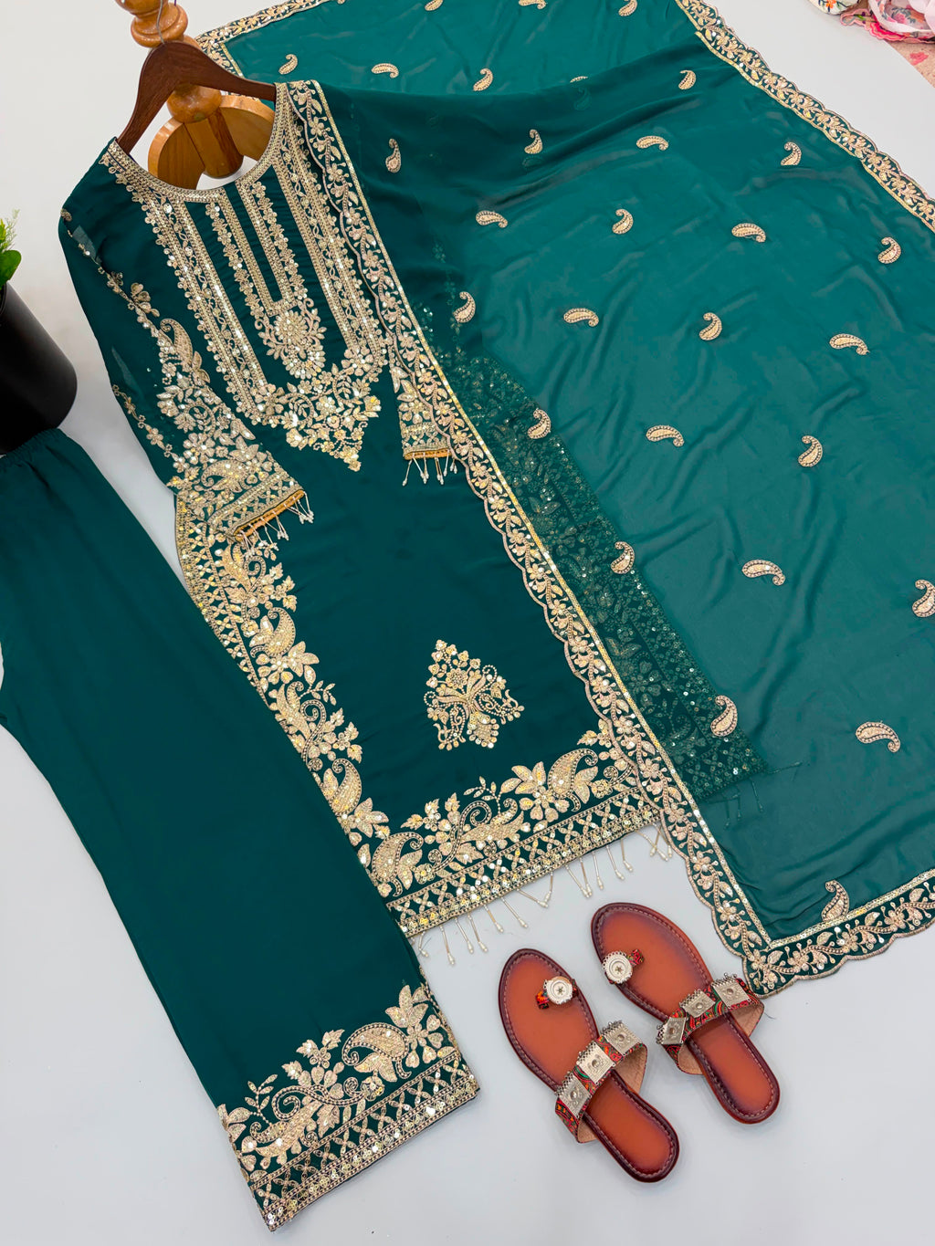 Premium Faux Georgette Heavy Embroidered Pant Set with Sequin Dupatta