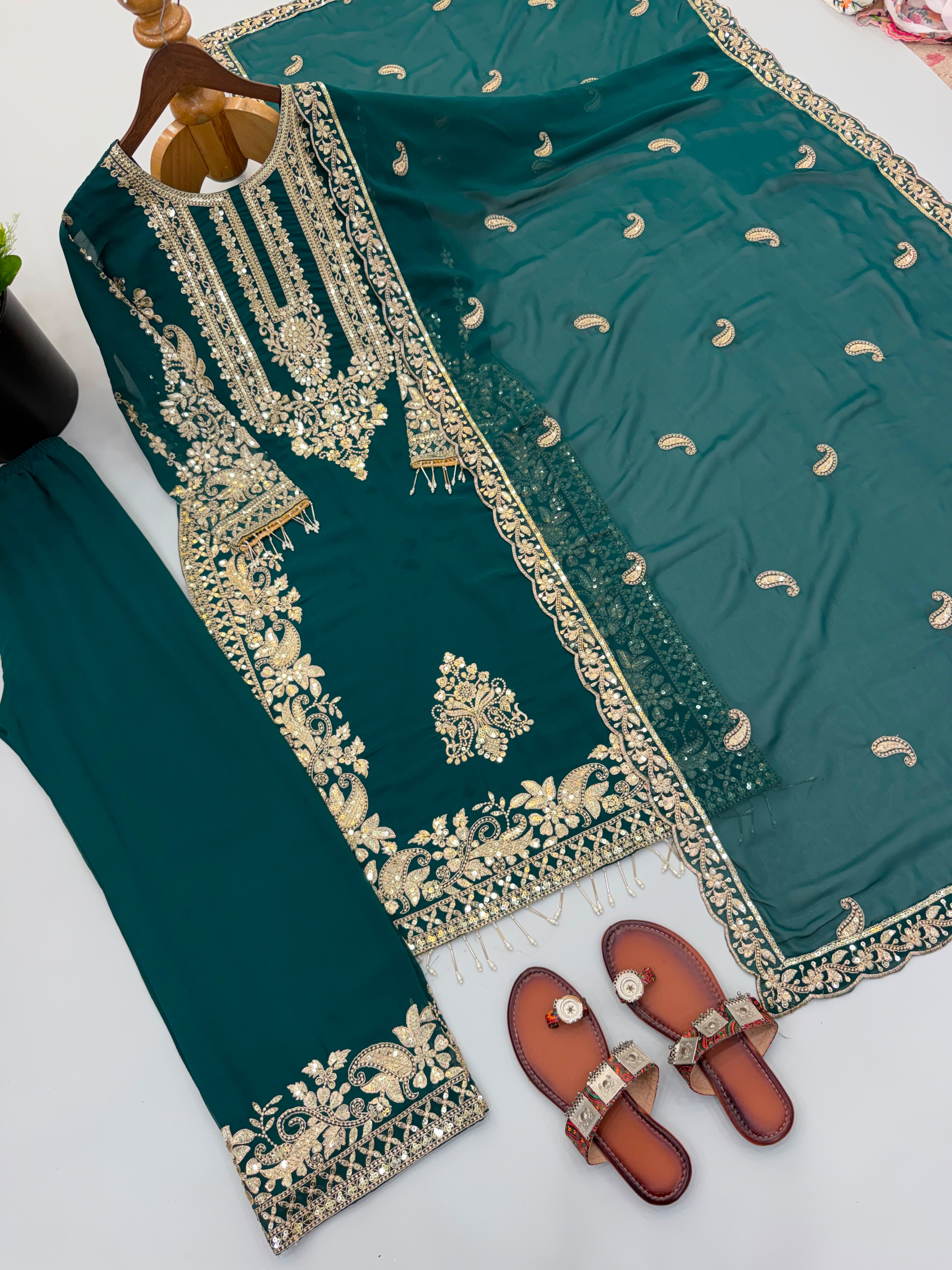 Premium Faux Georgette Heavy Embroidered Pant Set with Sequin Dupatta