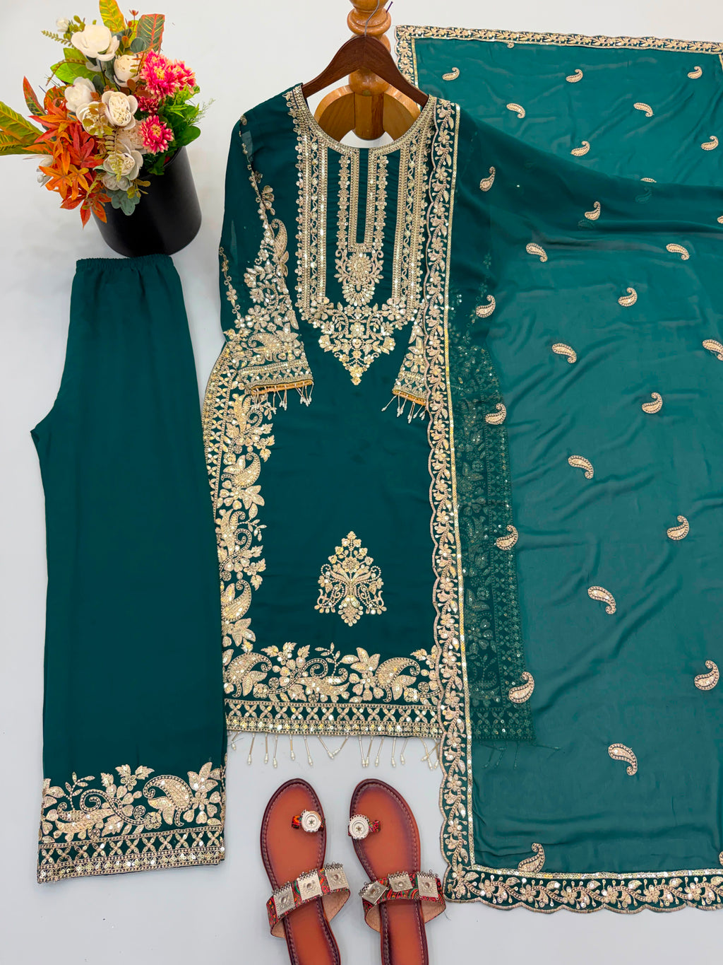 Premium Faux Georgette Heavy Embroidered Pant Set with Sequin Dupatta
