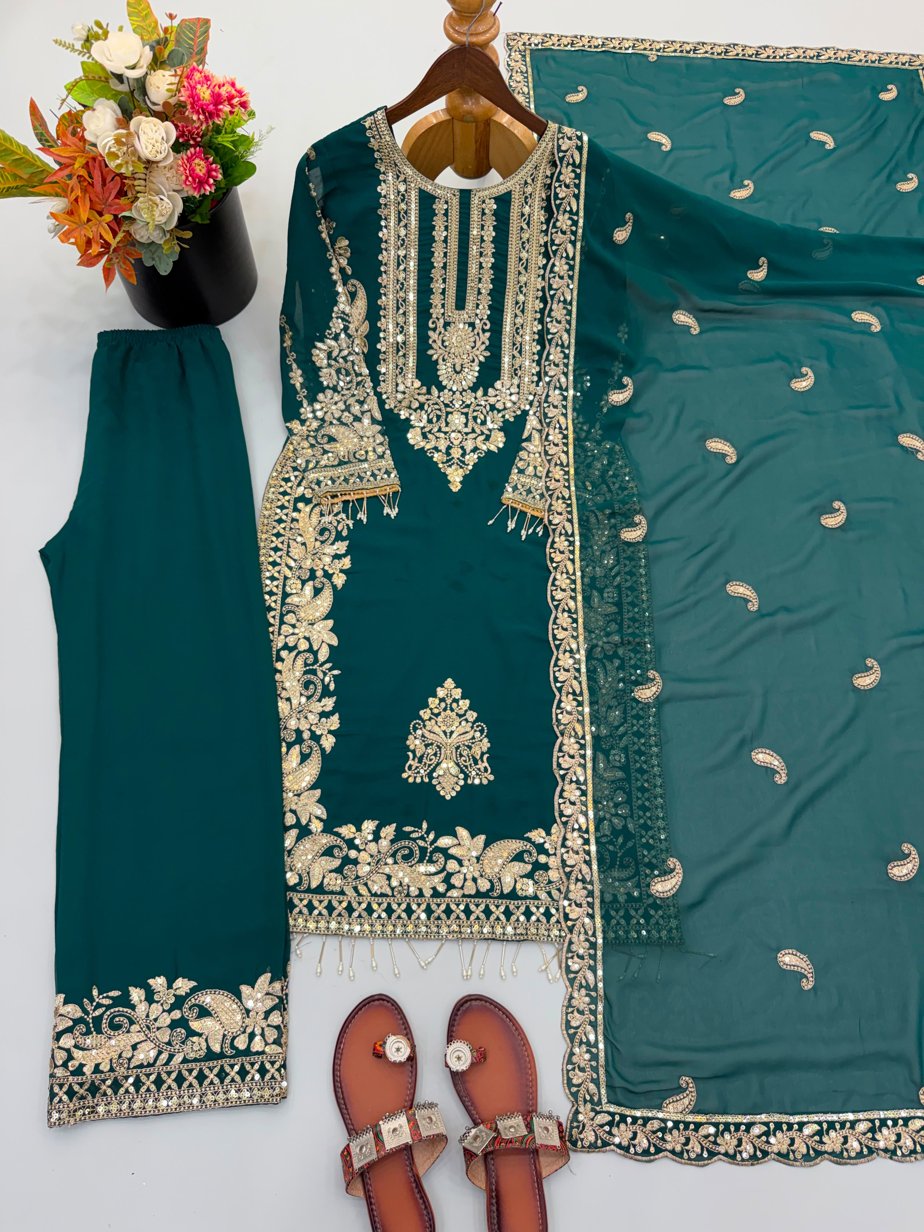 Premium Faux Georgette Heavy Embroidered Pant Set with Sequin Dupatta