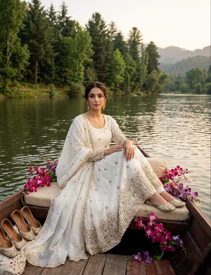 3-Piece Vichitra Silk Embroidered Gown Set with Pants & Dupatta | Style 8063