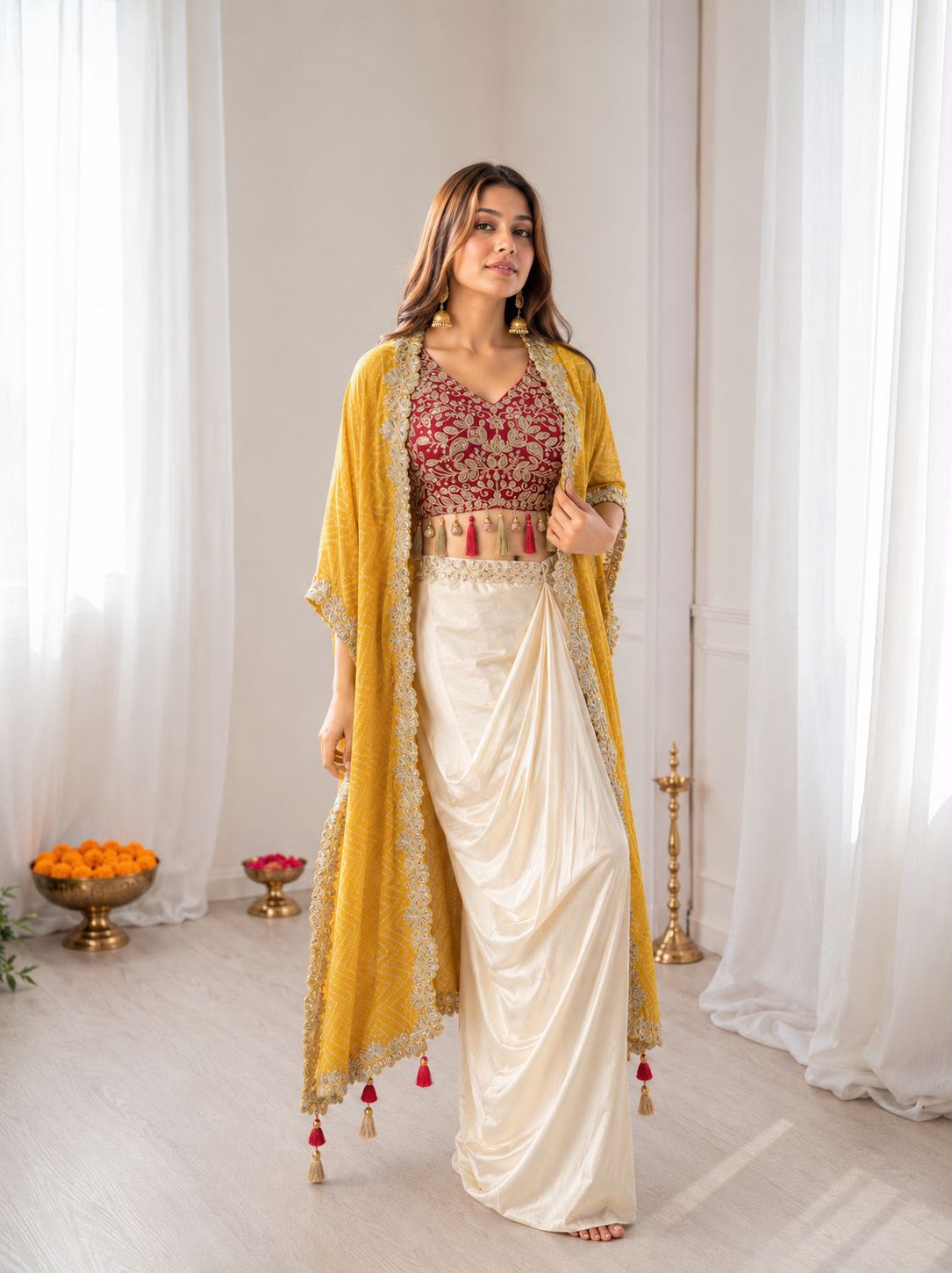 Style BB-48: Three-Piece Silk Dhoti Set with Digital Print Shrug