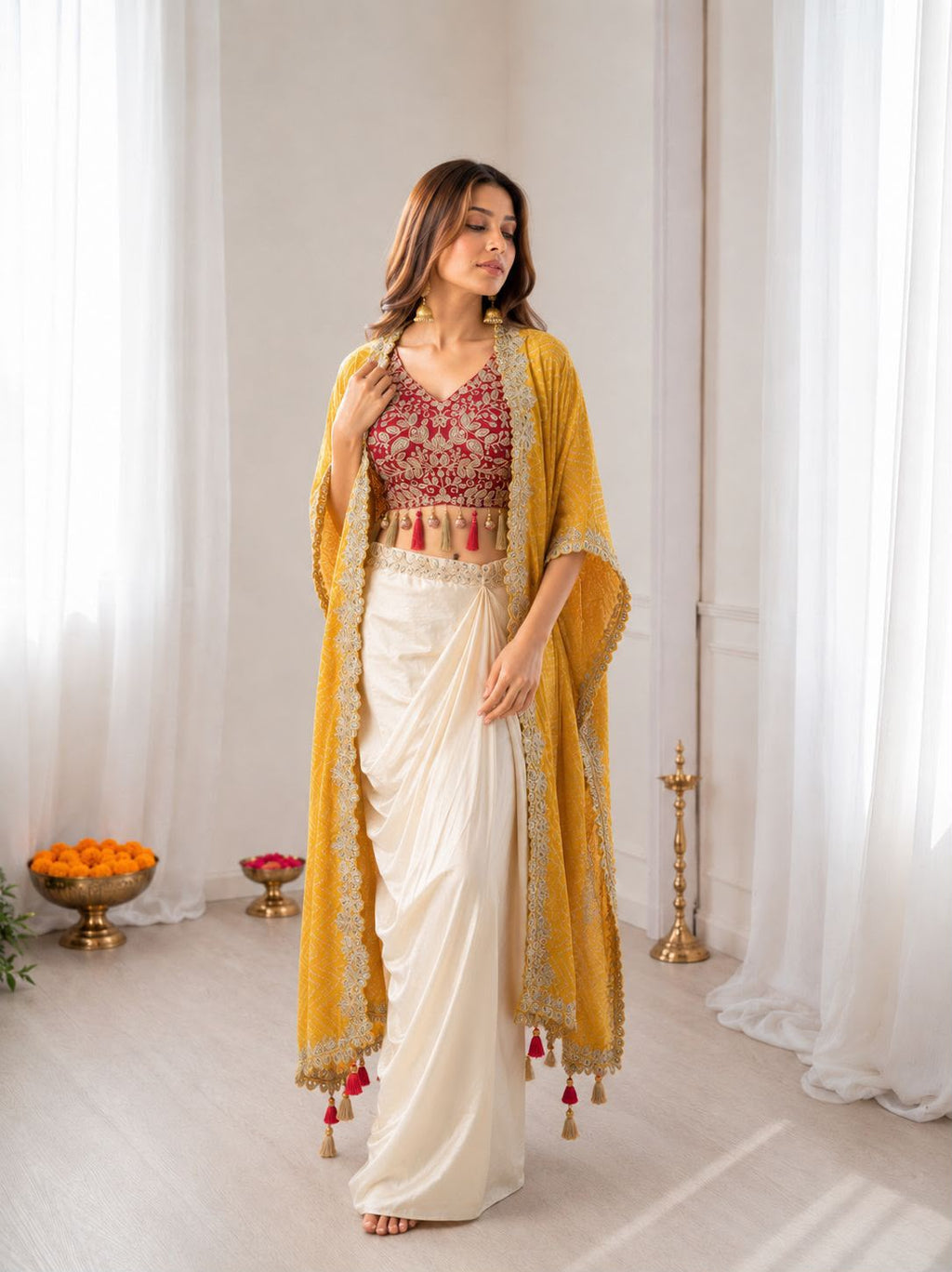 Style BB-48: Three-Piece Silk Dhoti Set with Digital Print Shrug