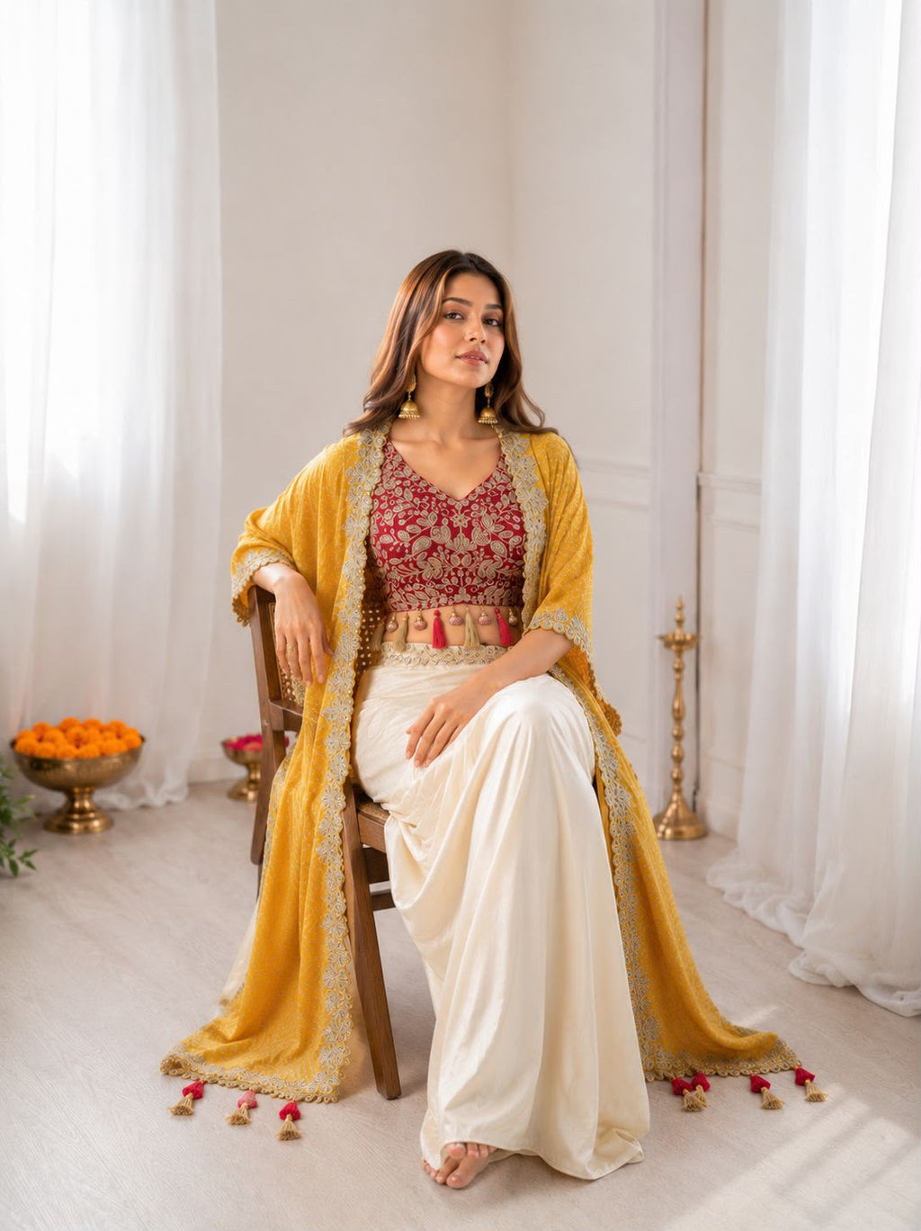 Style BB-48: Three-Piece Silk Dhoti Set with Digital Print Shrug
