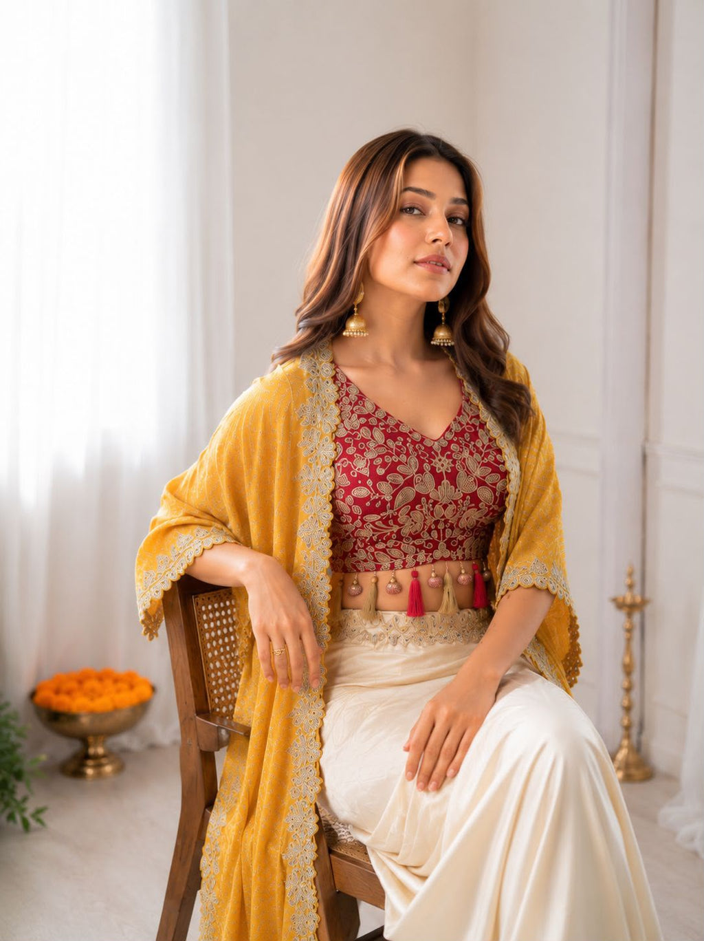 Style BB-48: Three-Piece Silk Dhoti Set with Digital Print Shrug