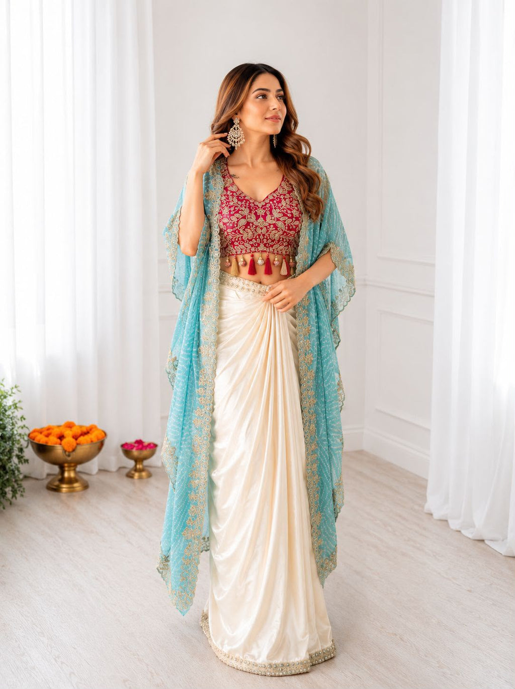 Style BB-48: Three-Piece Silk Dhoti Set with Digital Print Shrug