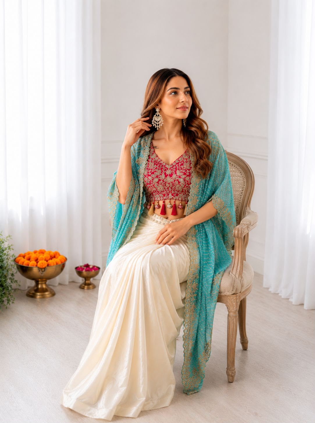 Style BB-48: Three-Piece Silk Dhoti Set with Digital Print Shrug